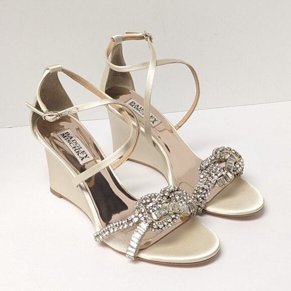 Badgley Mischka Zabrina Wedge Sandals, Ivory Satin, Women's 7 M